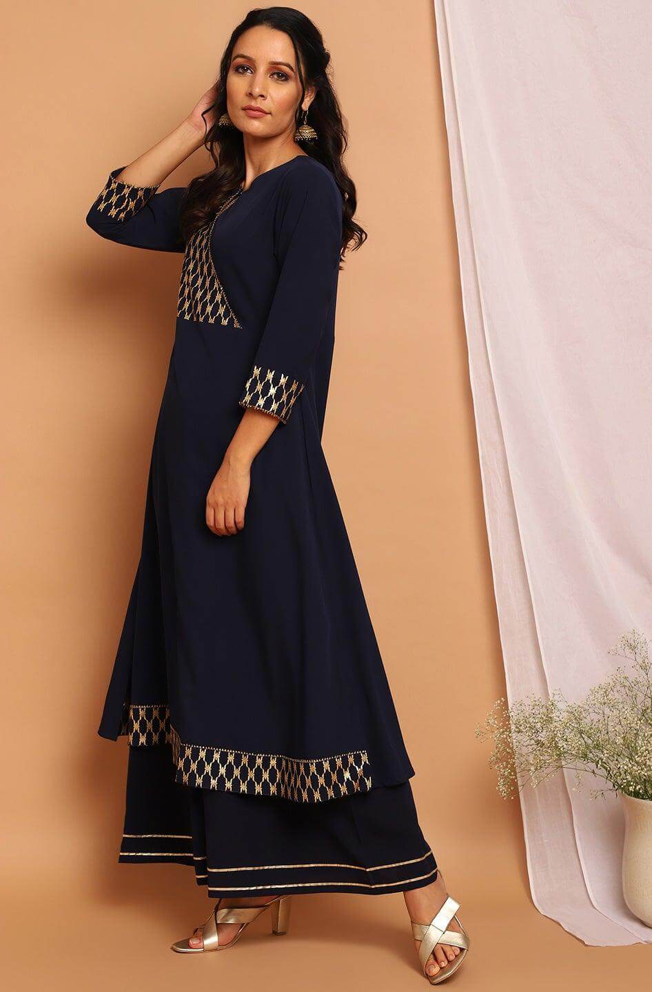 Navy Blue Poly Crepe Ethnic Motifs Flared Kurta