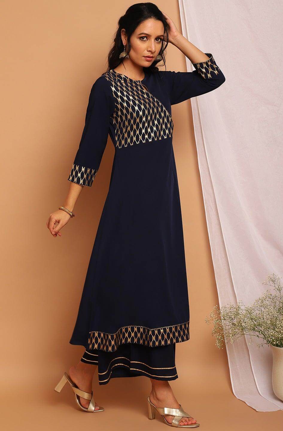Navy Blue Poly Crepe Ethnic Motifs Flared Kurta