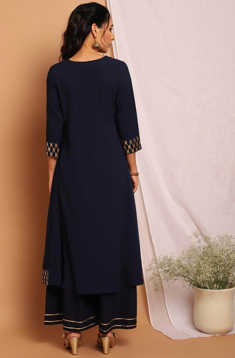Navy Blue Poly Crepe Ethnic Motifs Flared Kurta