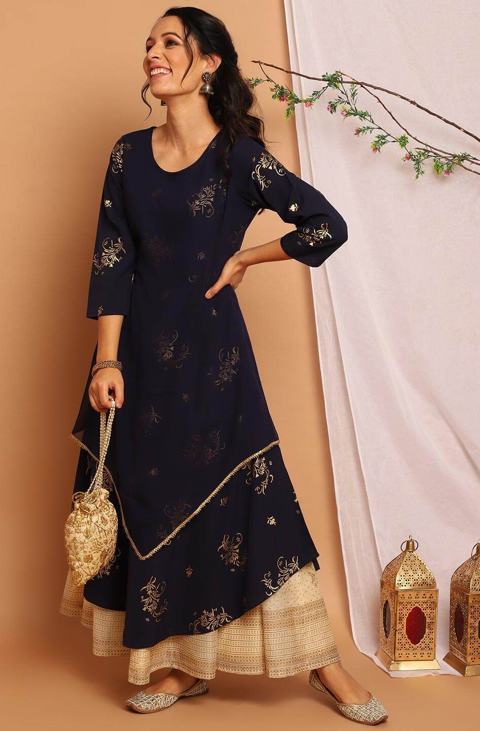 Navy Blue Poly Crepe Floral Print Flared Kurta