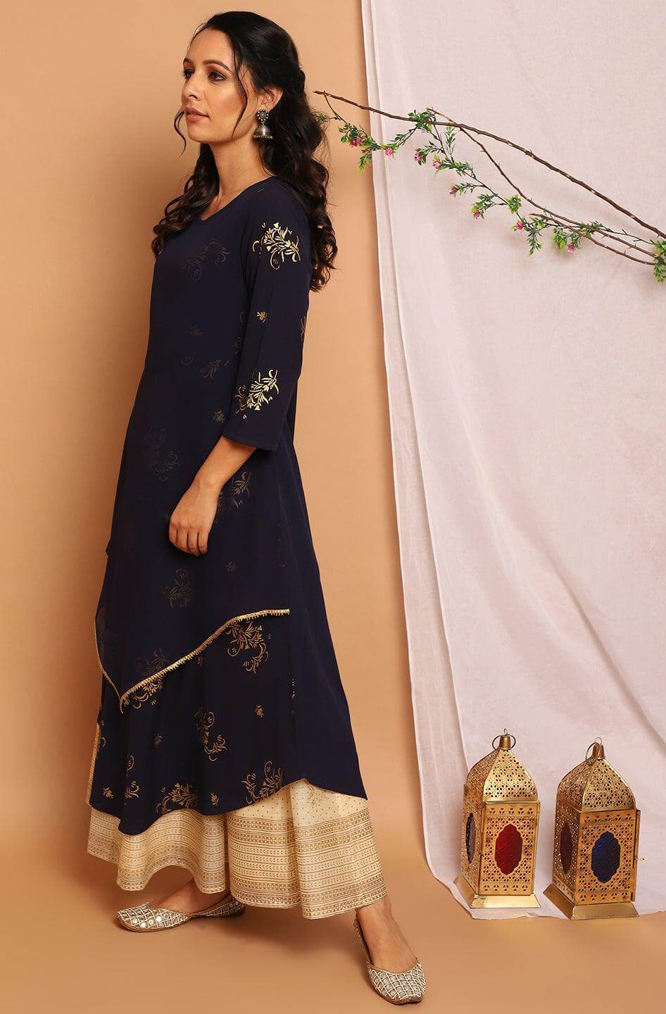 Navy Blue Poly Crepe Floral Print Flared Kurta