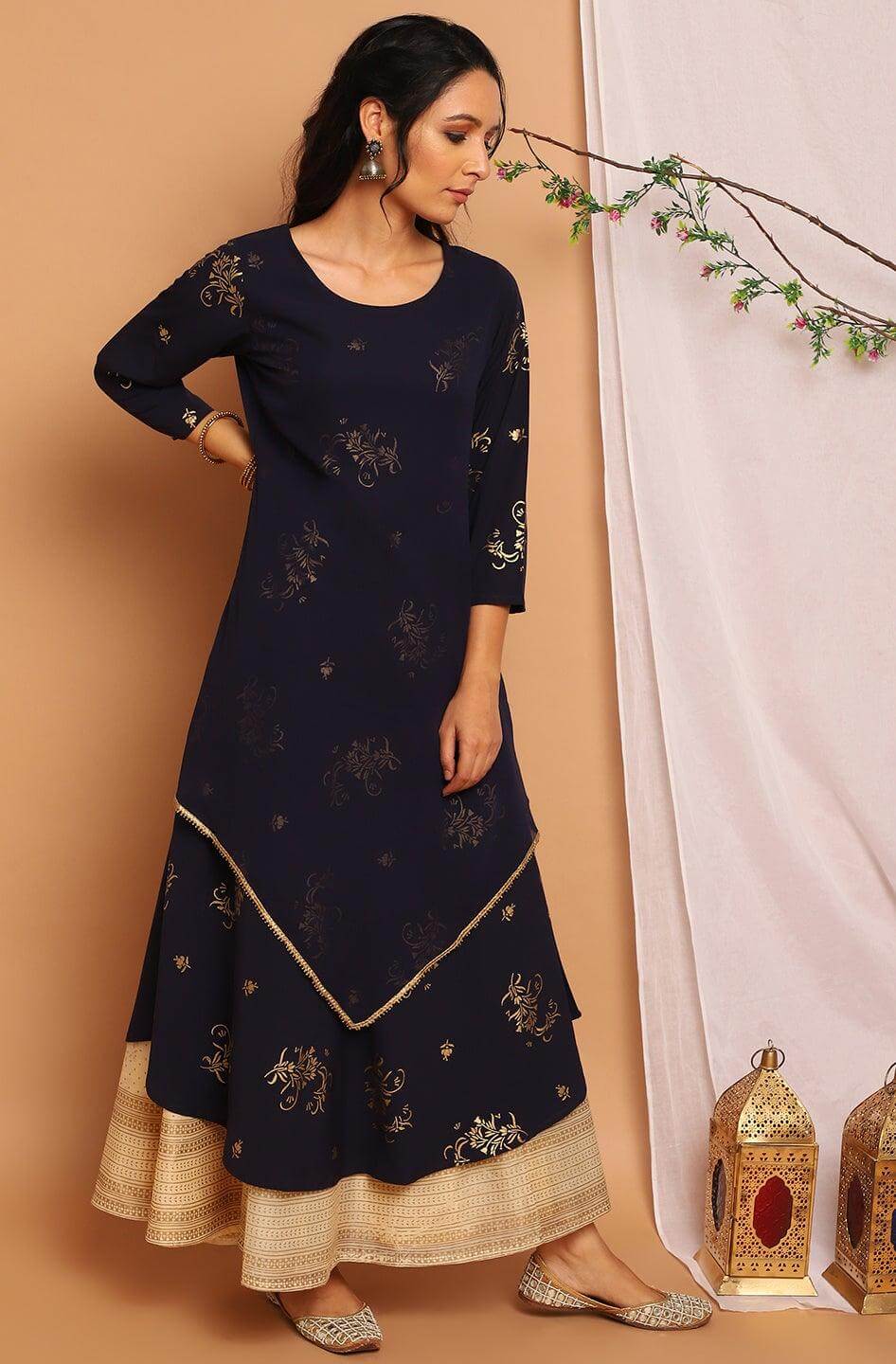 Navy Blue Poly Crepe Floral Print Flared Kurta