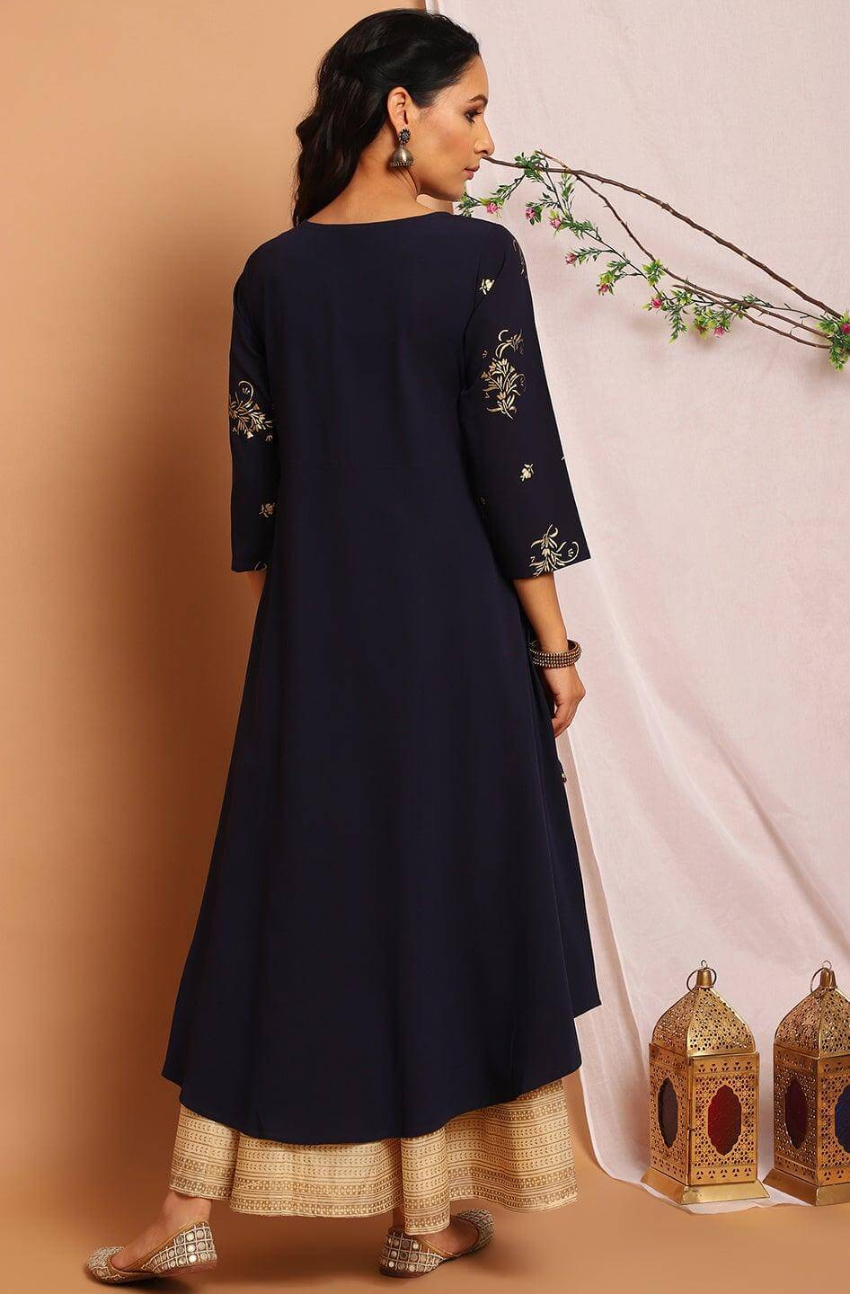 Navy Blue Poly Crepe Floral Print Flared Kurta