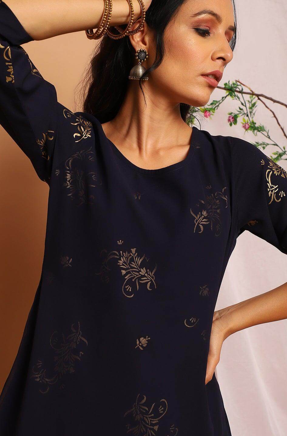 Navy Blue Poly Crepe Floral Print Flared Kurta