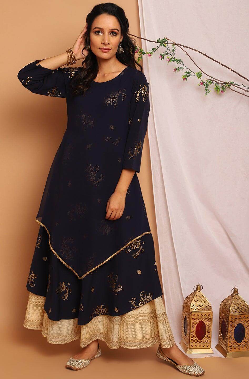 Navy Blue Poly Crepe Floral Print Flared Kurta