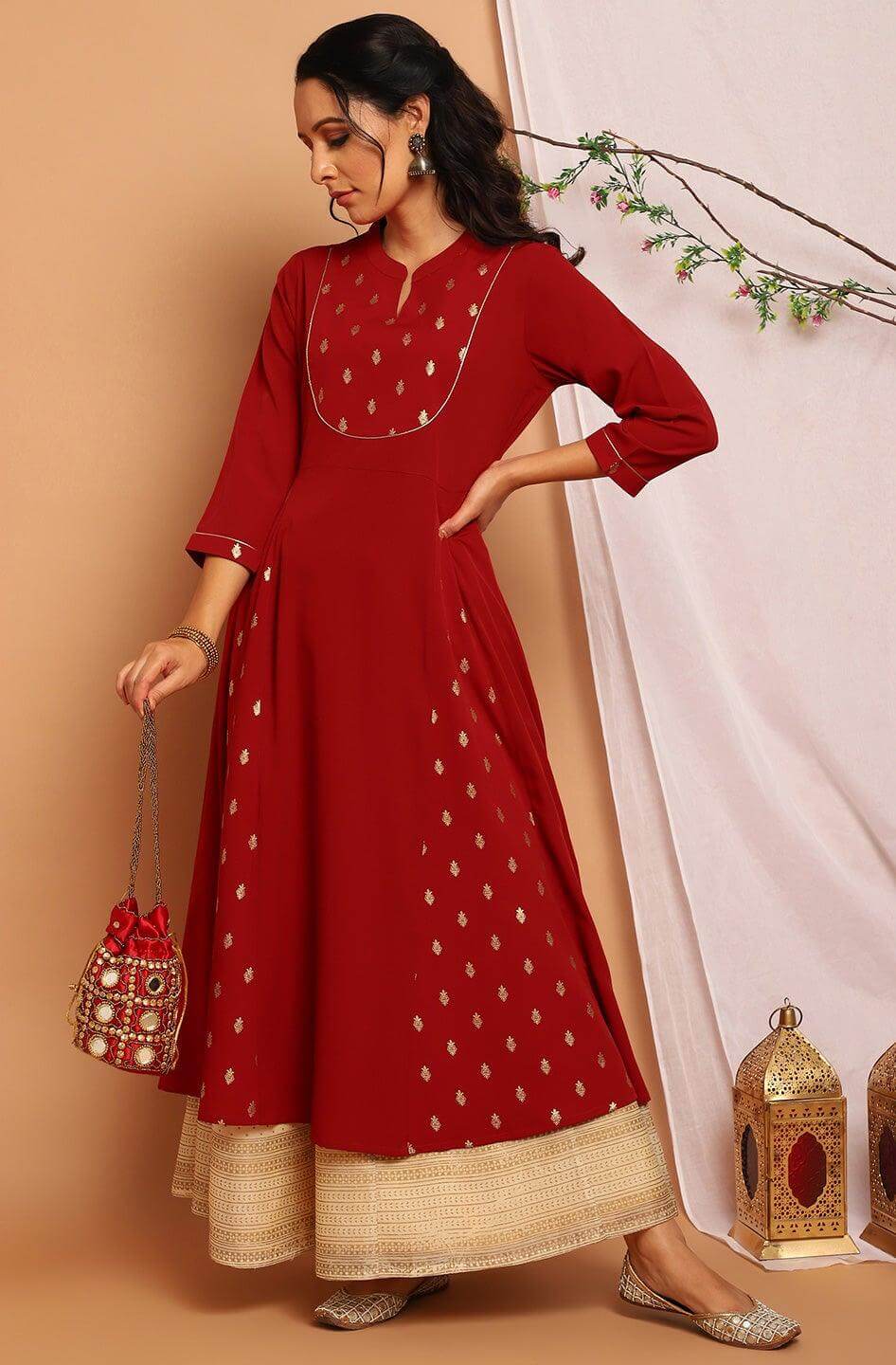 Maroon Poly Crepe Ethnic Motifs A-line Kurta