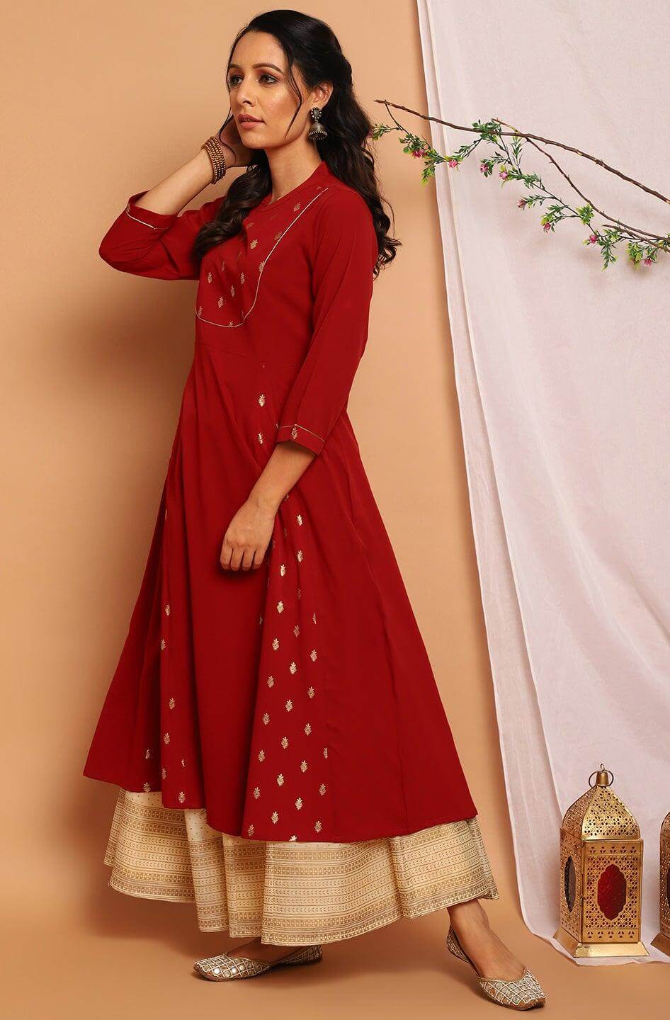 Maroon Poly Crepe Ethnic Motifs A-line Kurta