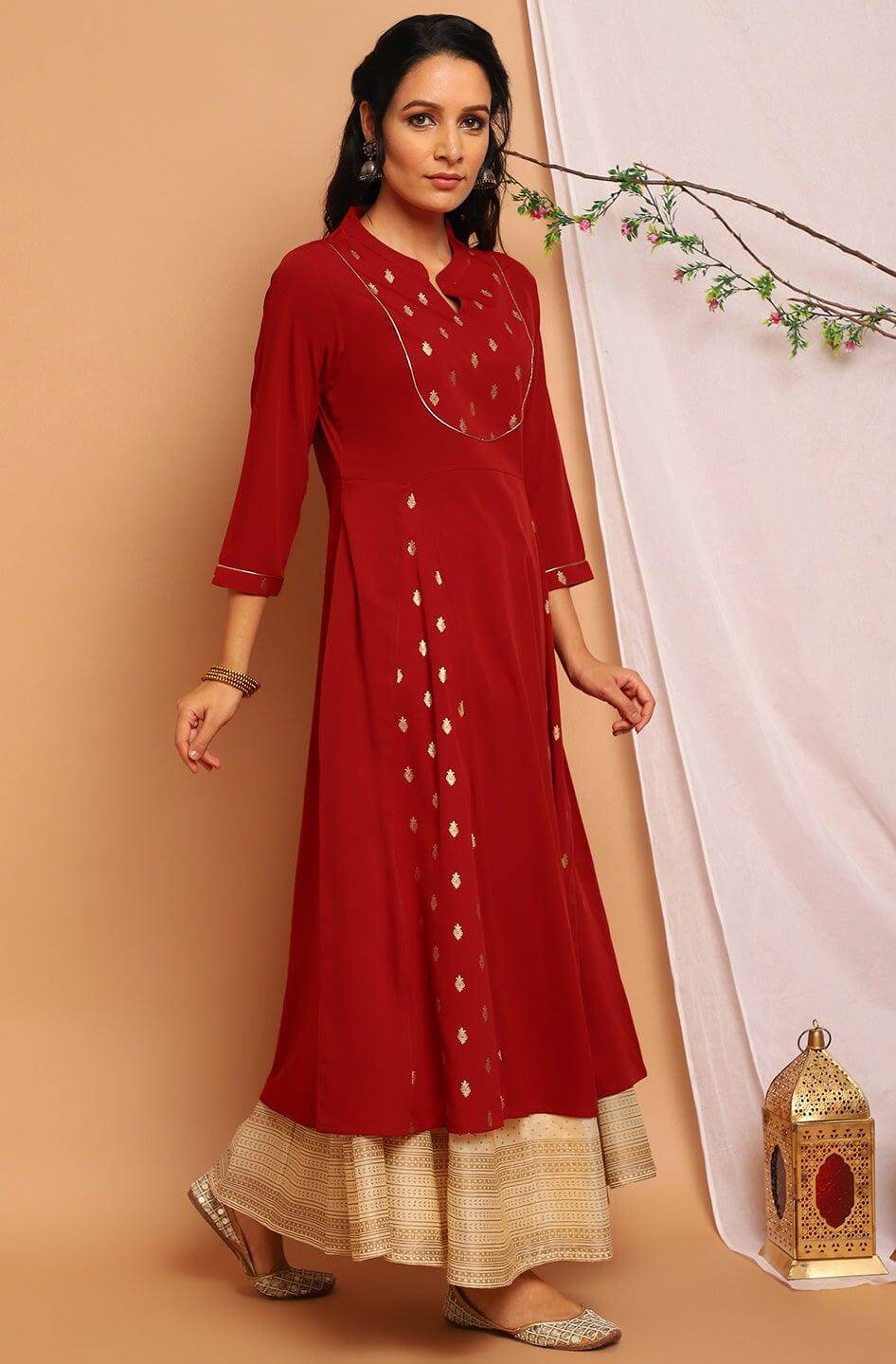 Maroon Poly Crepe Ethnic Motifs A-line Kurta