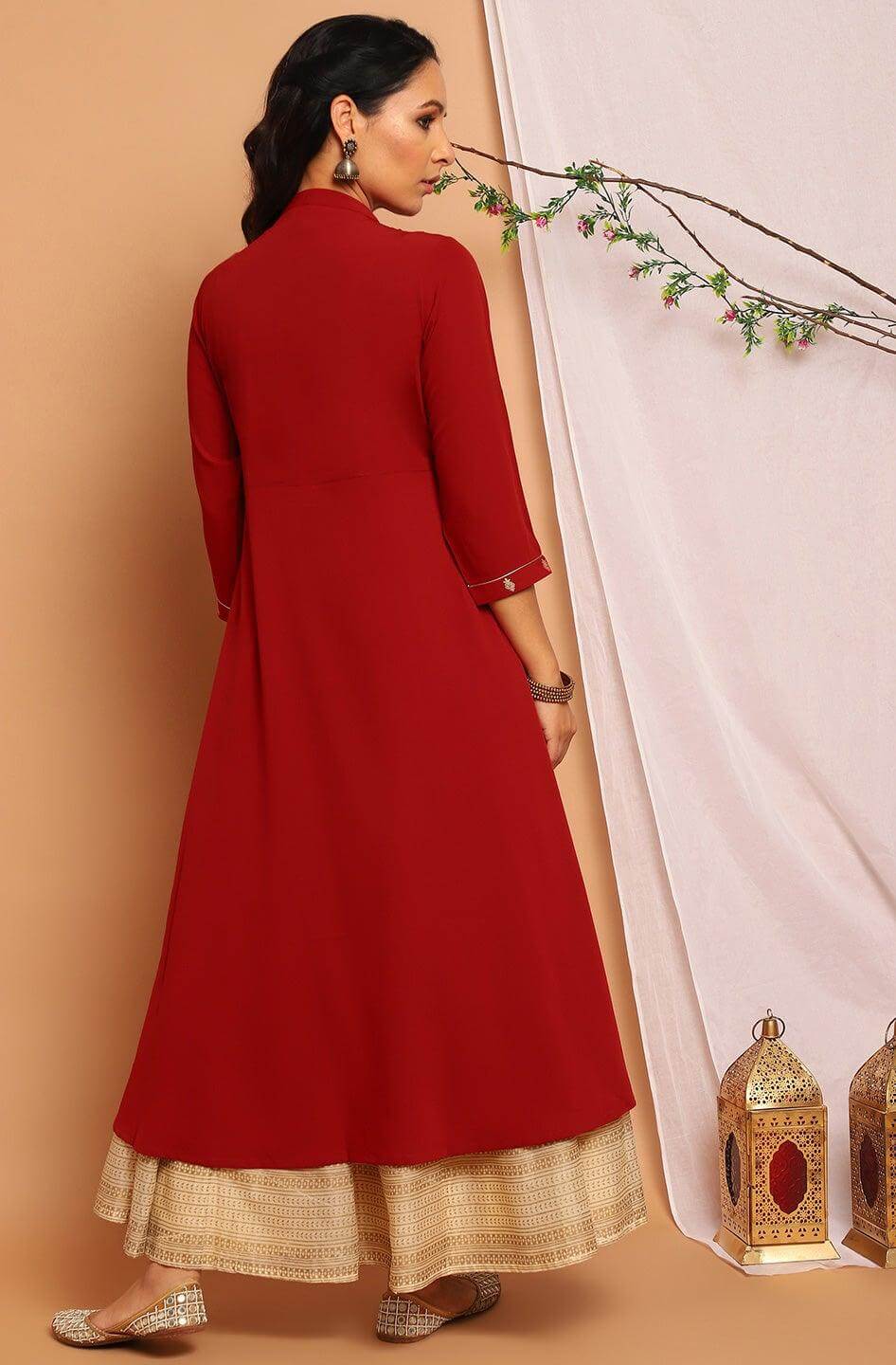 Maroon Poly Crepe Ethnic Motifs A-line Kurta