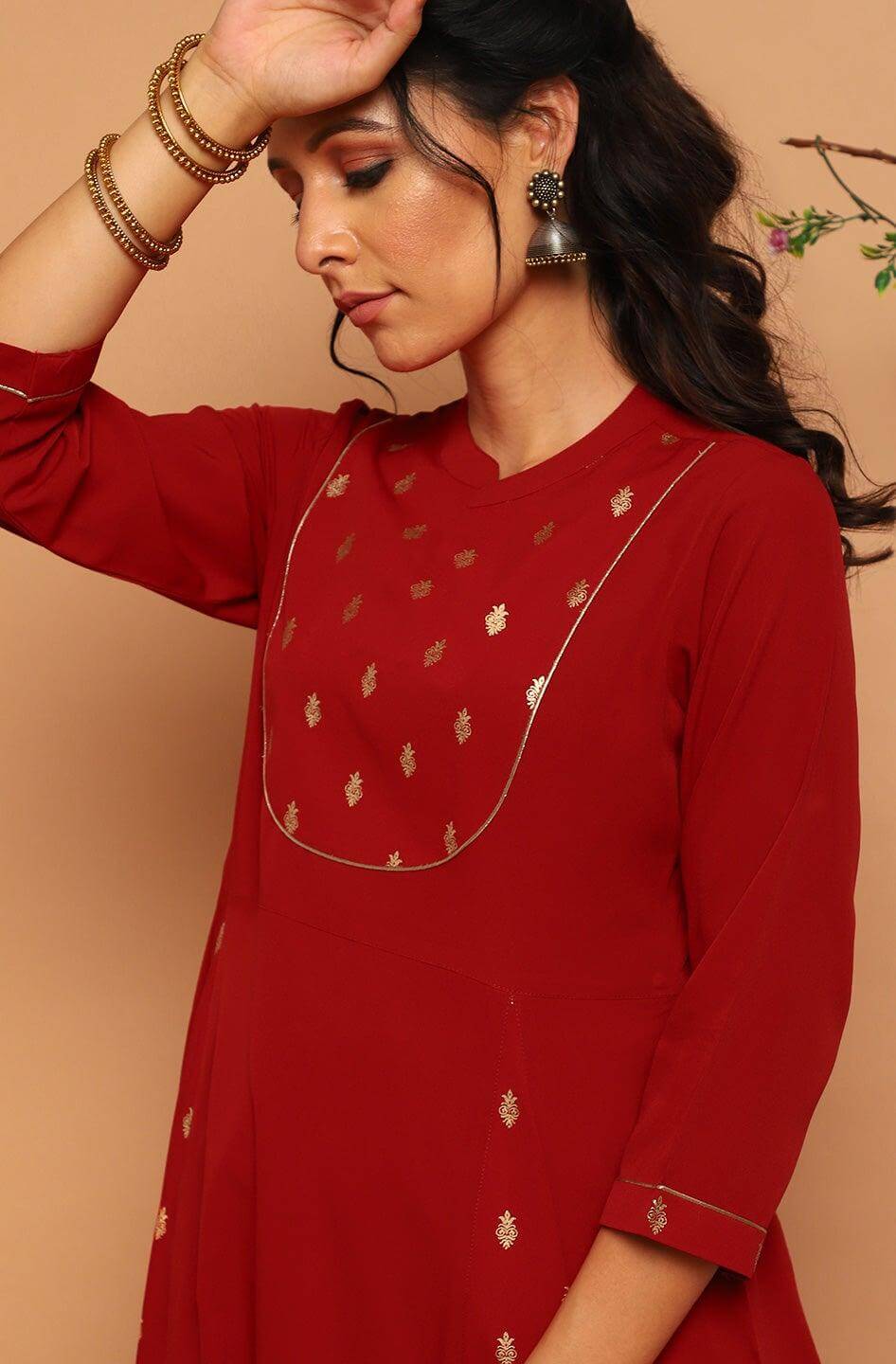 Maroon Poly Crepe Ethnic Motifs A-line Kurta