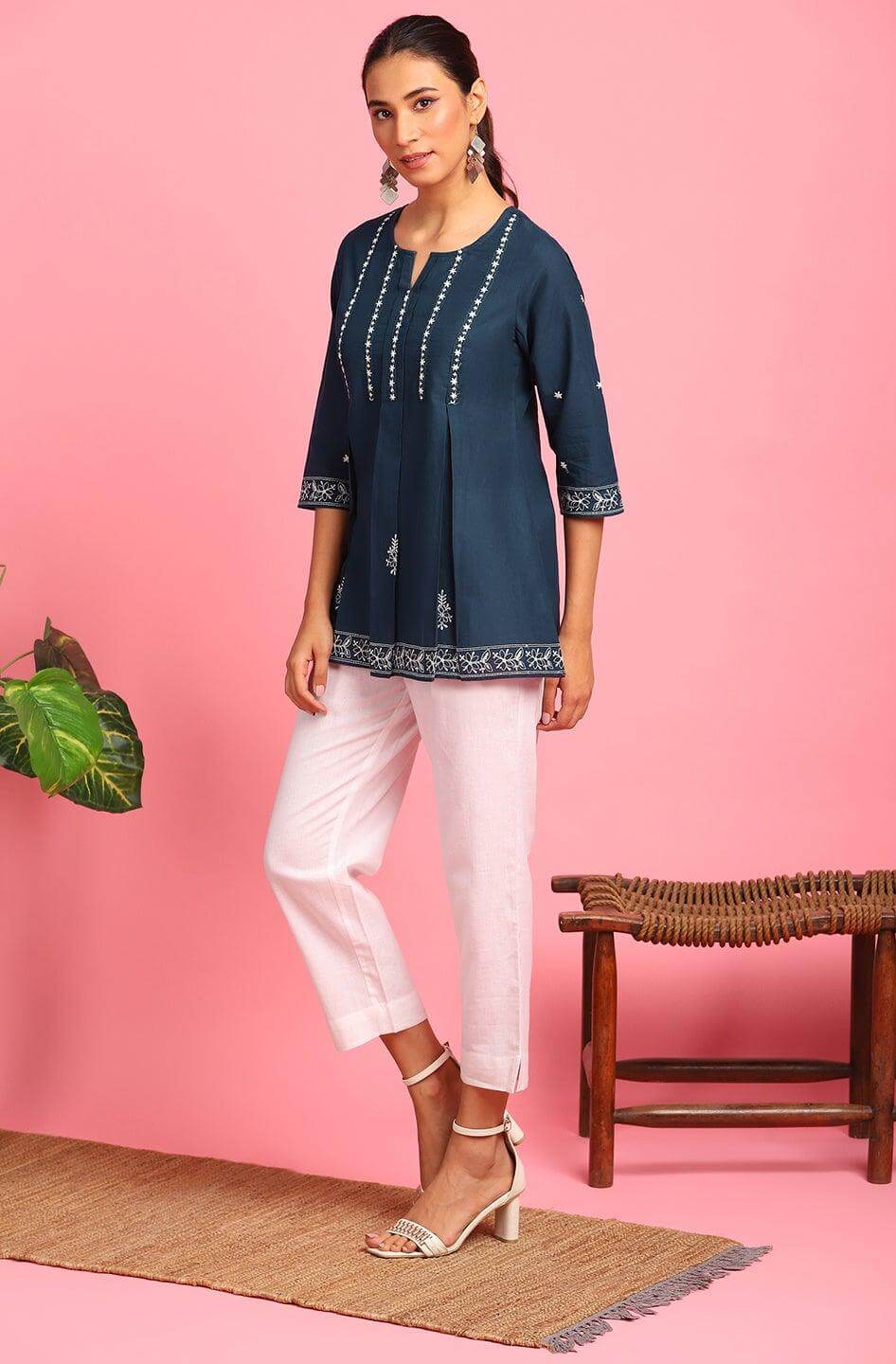 Navy Blue Cotton Embroidered Trapeze Tunic