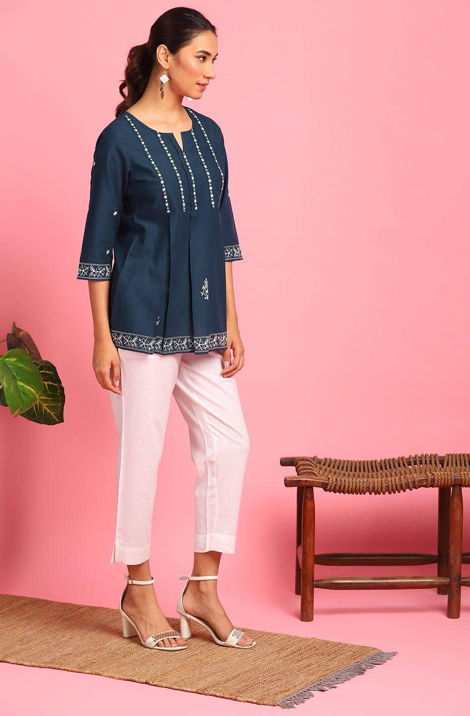 Navy Blue Cotton Embroidered Trapeze Tunic