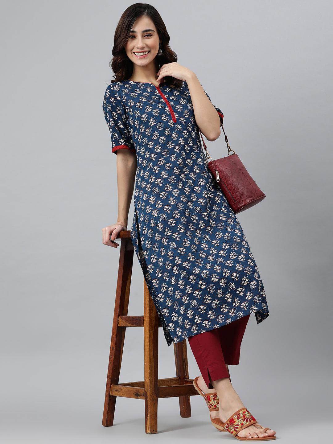 Blue Rayon Floral Print Straight Kurta