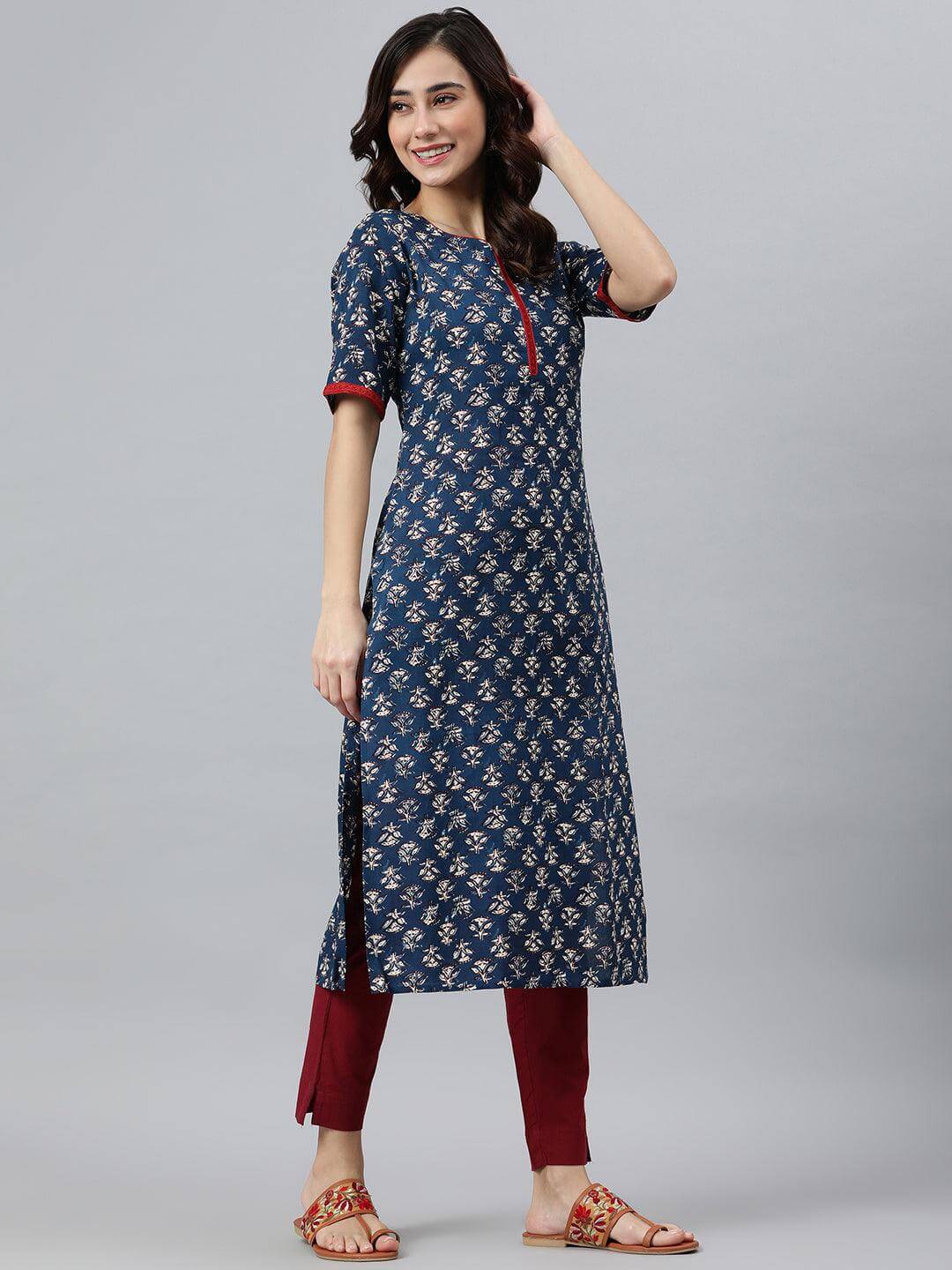 Blue Rayon Floral Print Straight Kurta