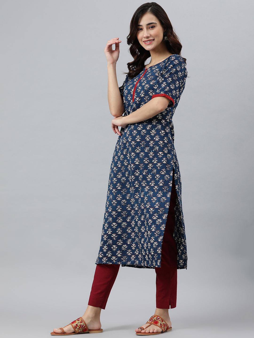 Blue Rayon Floral Print Straight Kurta