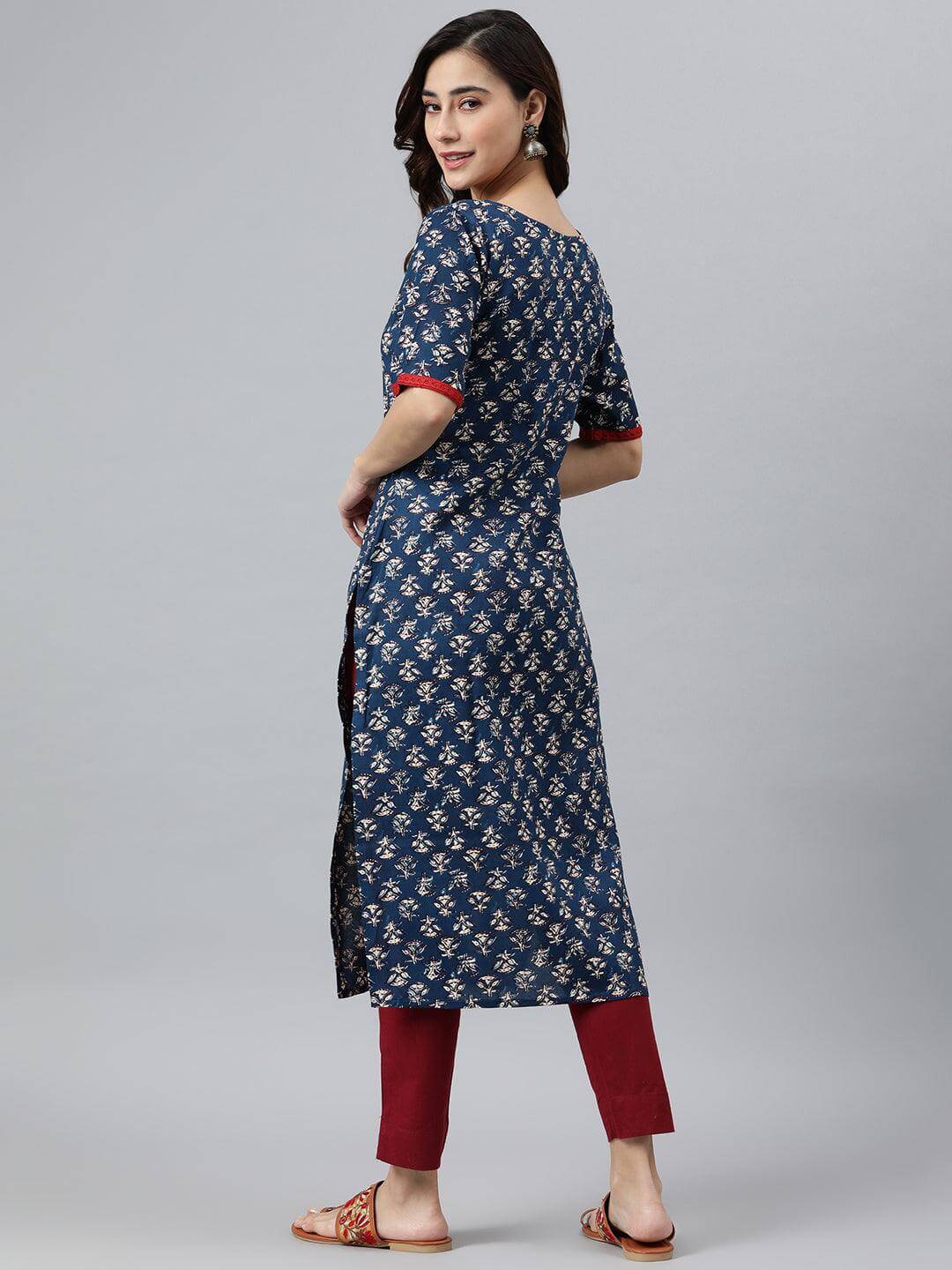 Blue Rayon Floral Print Straight Kurta