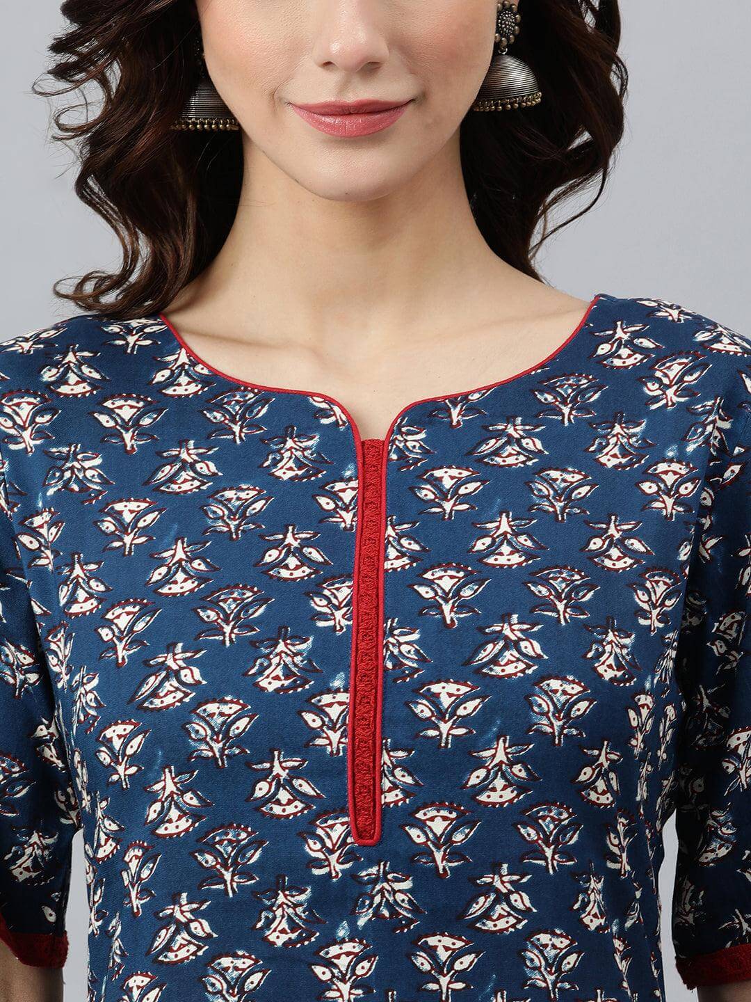 Blue Rayon Floral Print Straight Kurta