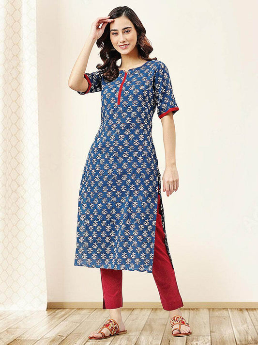 Blue Rayon Floral Print Straight Kurta