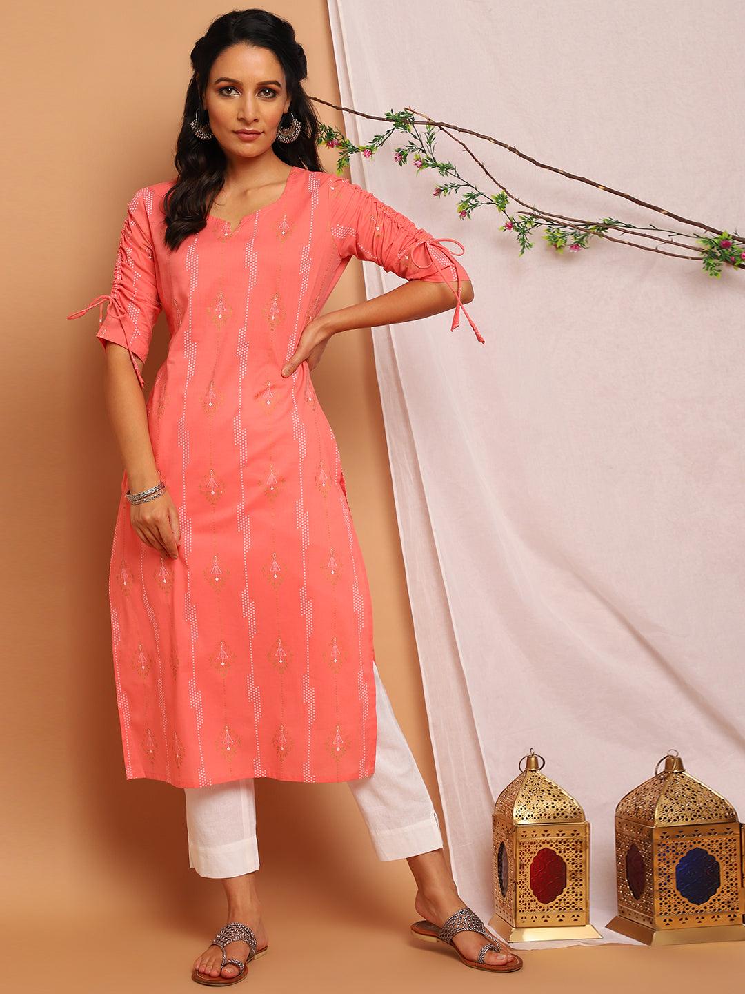 Pink Cotton Bandhni Print Straight Kurta
