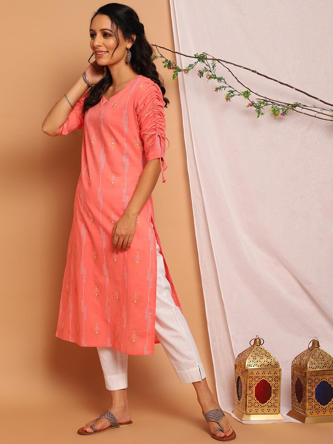 Pink Cotton Bandhni Print Straight Kurta