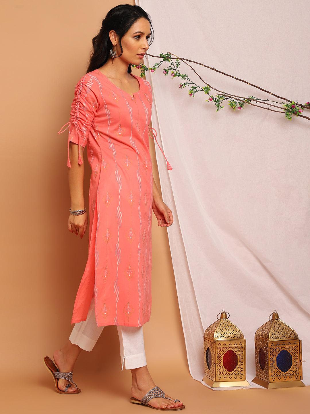 Pink Cotton Bandhni Print Straight Kurta