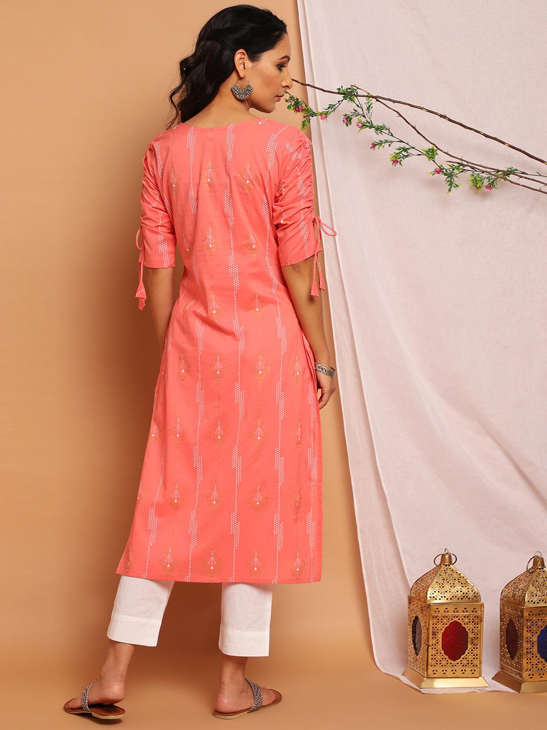 Pink Cotton Bandhni Print Straight Kurta