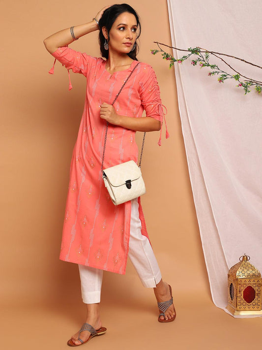 Pink Cotton Bandhni Print Straight Kurta