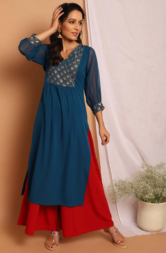 Teal Poly Crepe Floral Print Straight Kurta