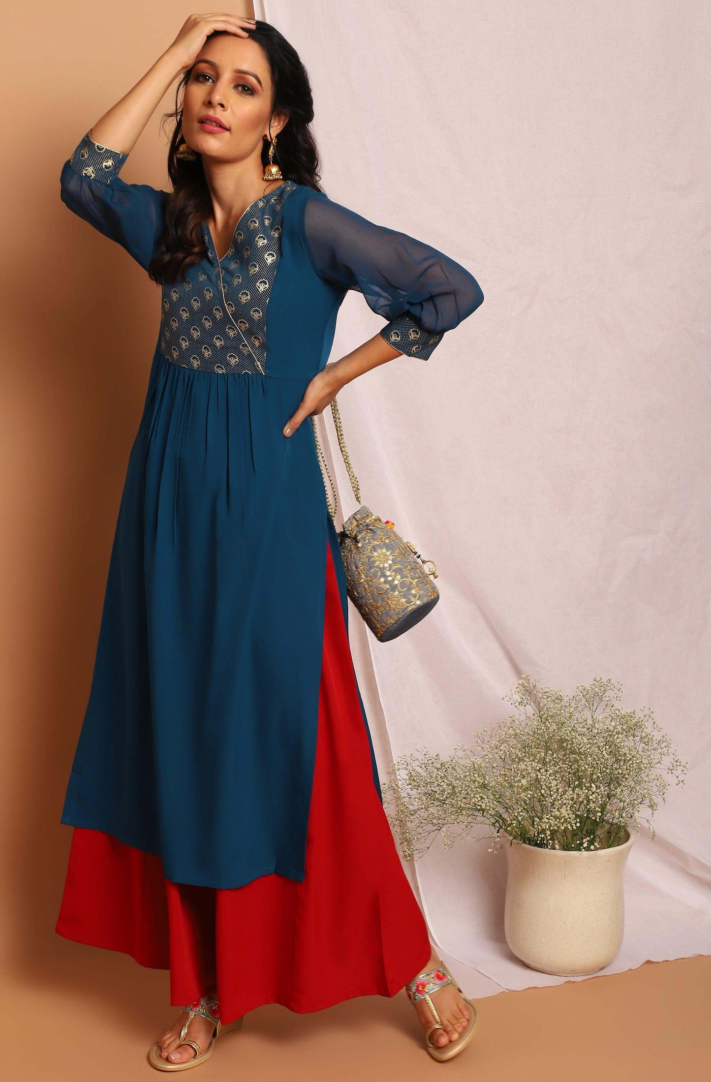 Teal Poly Crepe Floral Print Straight Kurta