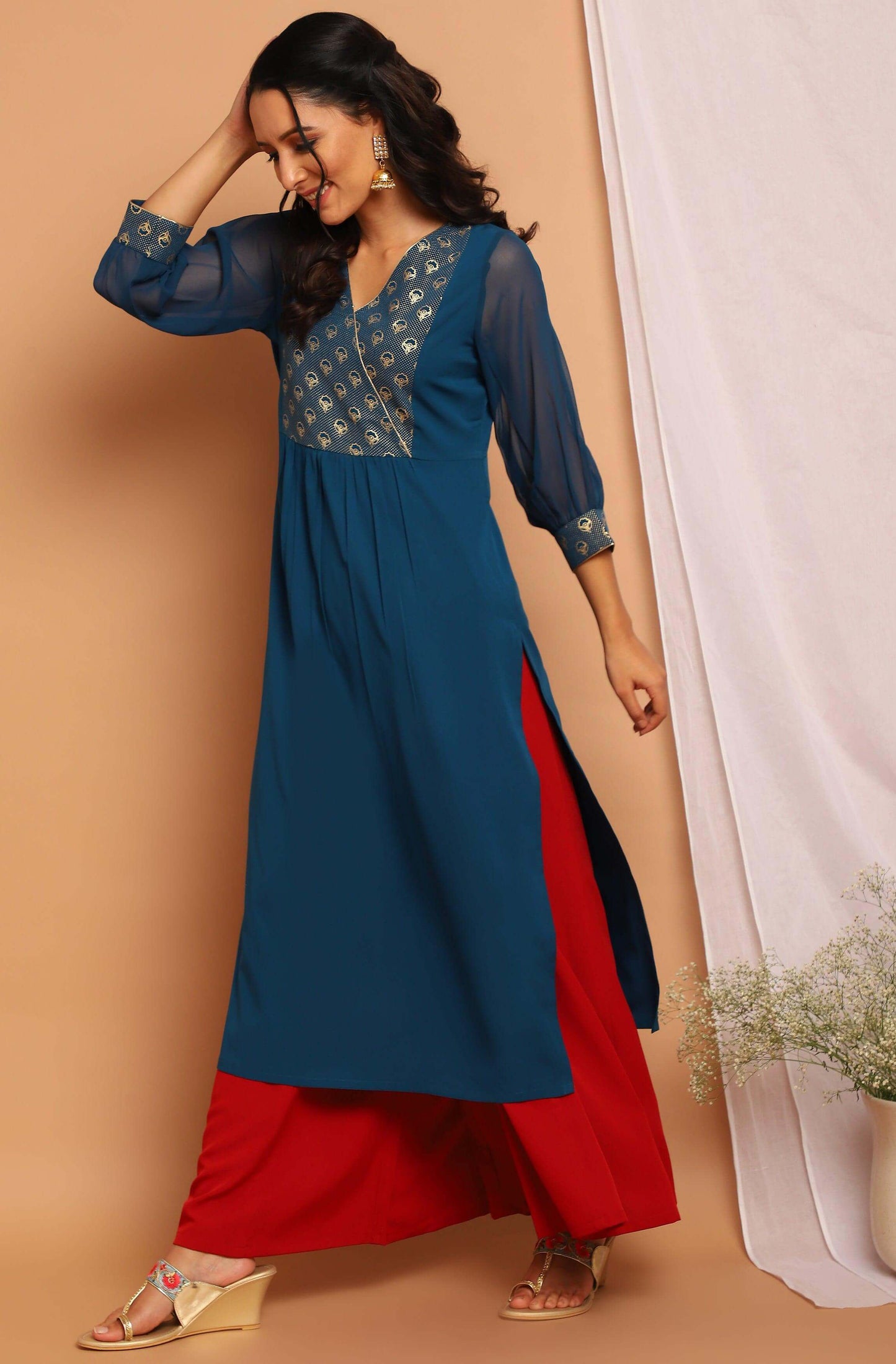 Teal Poly Crepe Floral Print Straight Kurta