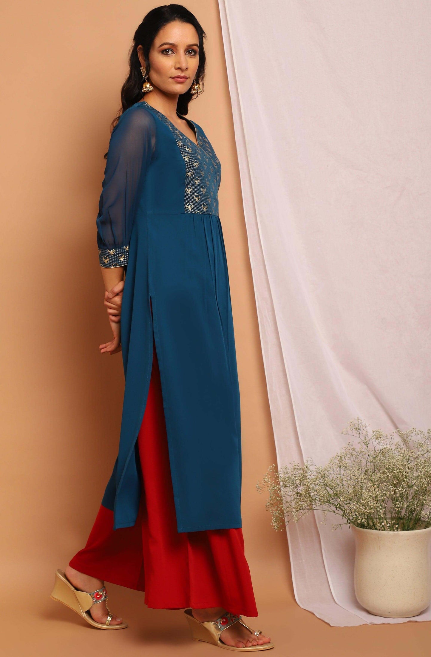 Teal Poly Crepe Floral Print Straight Kurta