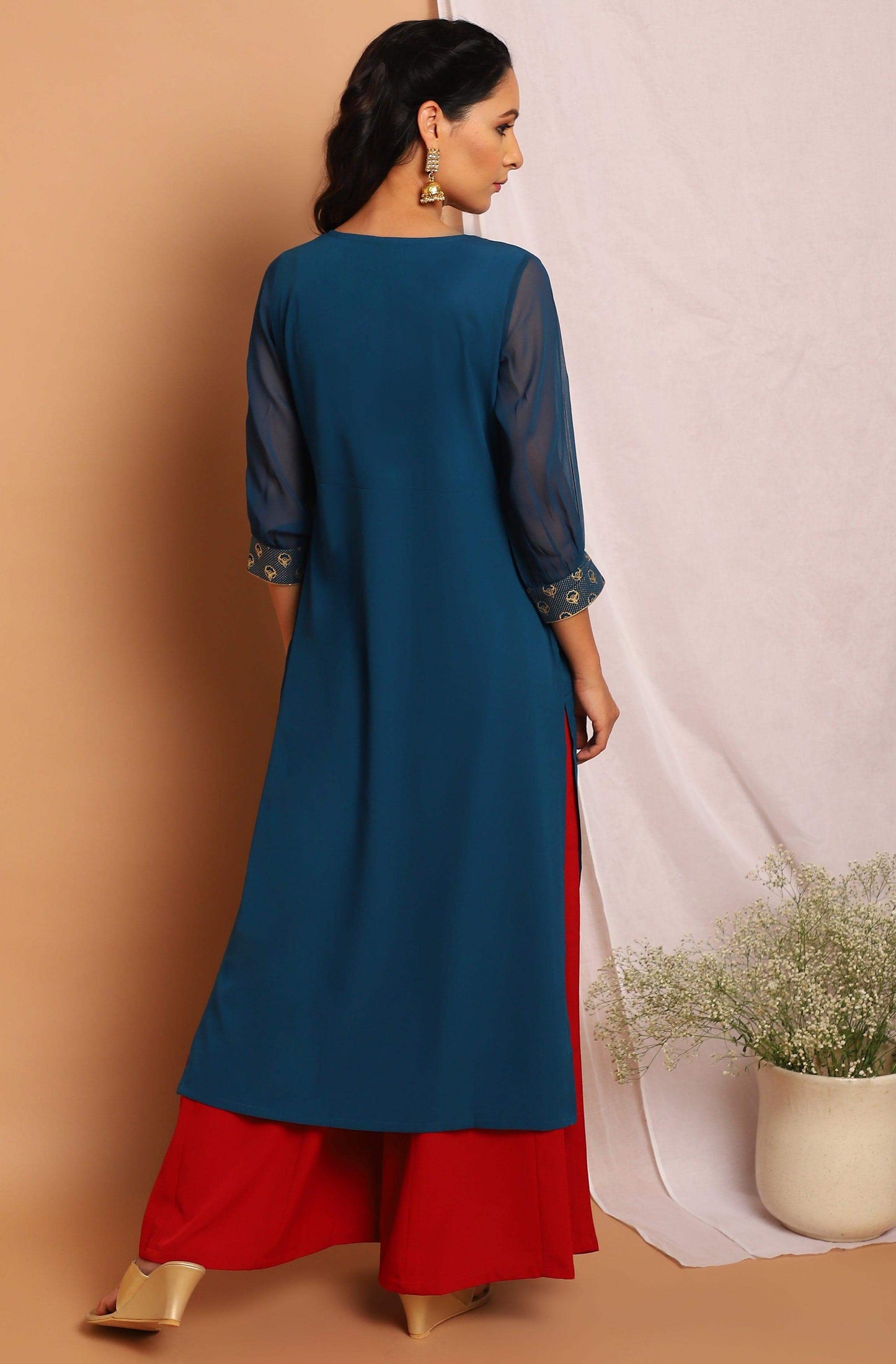 Teal Poly Crepe Floral Print Straight Kurta