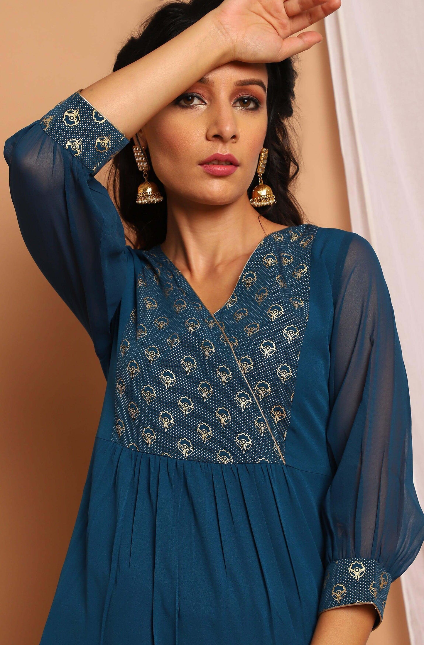 Teal Poly Crepe Floral Print Straight Kurta
