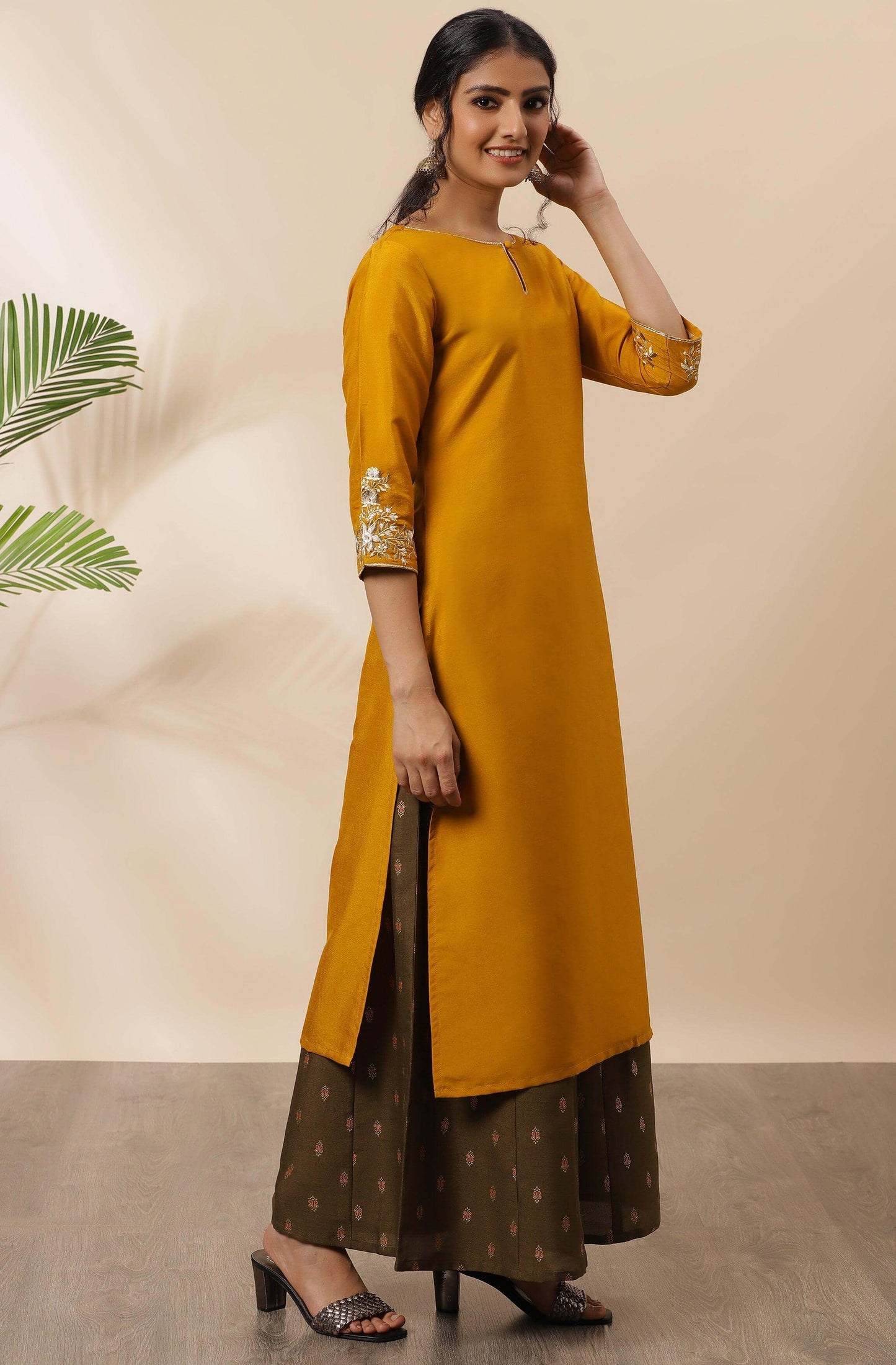 Mustard Poly Silk Embroidered Straight Kurta