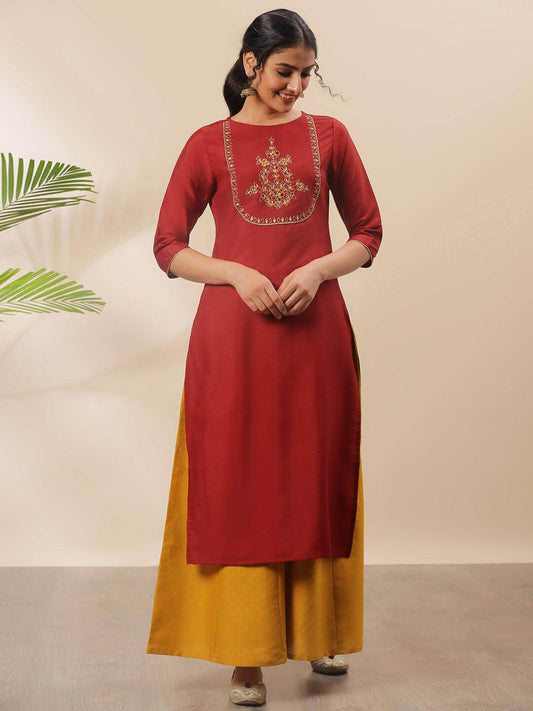 Red Poly Silk Embroidered Straight Kurta