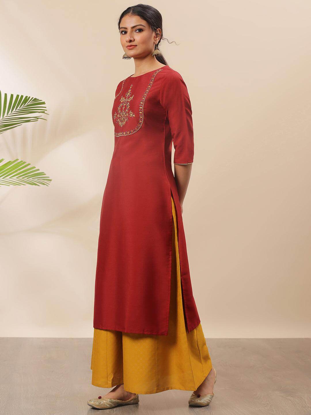 Red Poly Silk Embroidered Straight Kurta