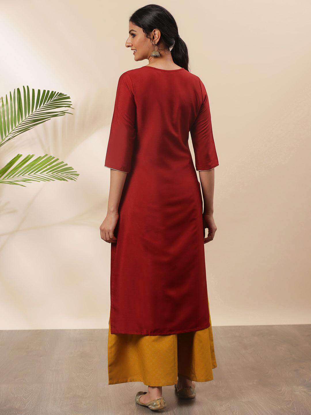 Red Poly Silk Embroidered Straight Kurta