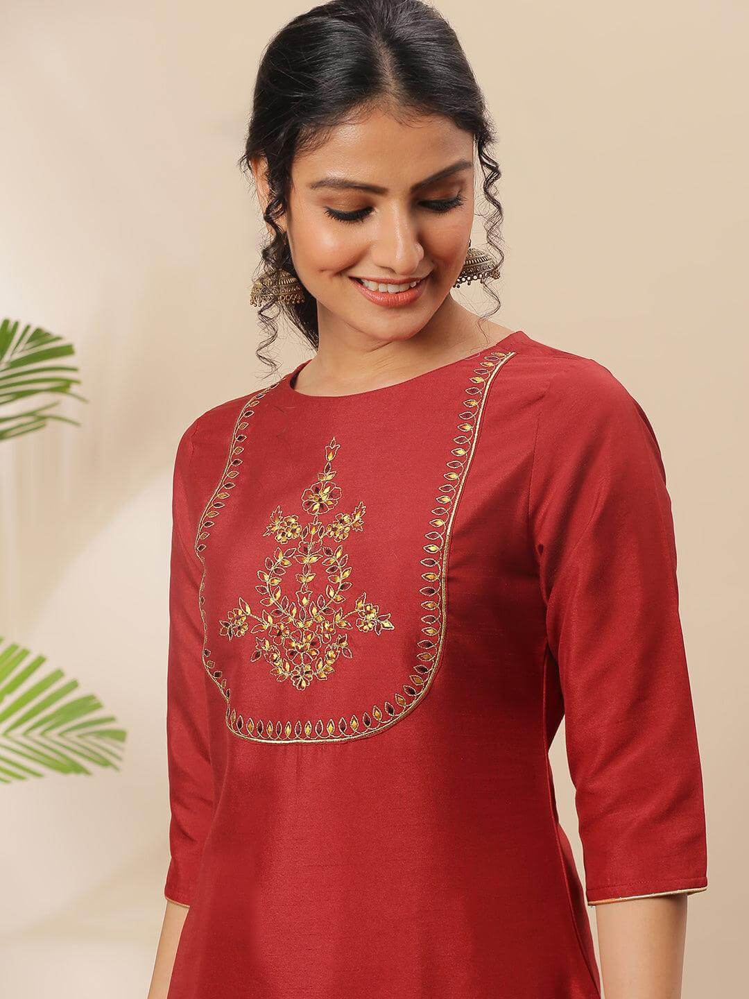 Red Poly Silk Embroidered Straight Kurta