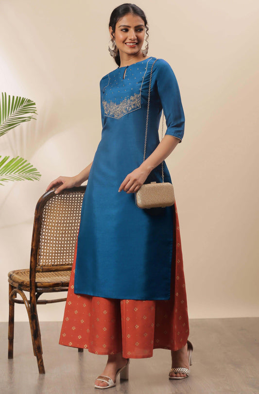 Blue Poly Silk Embroidered Straight Kurta