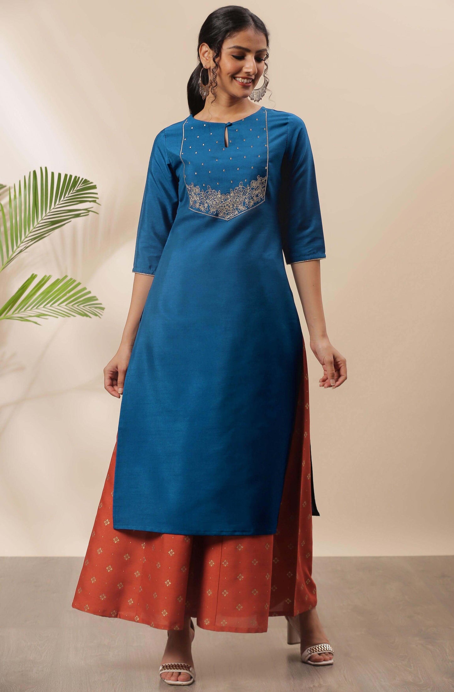 Blue Poly Silk Embroidered Straight Kurta