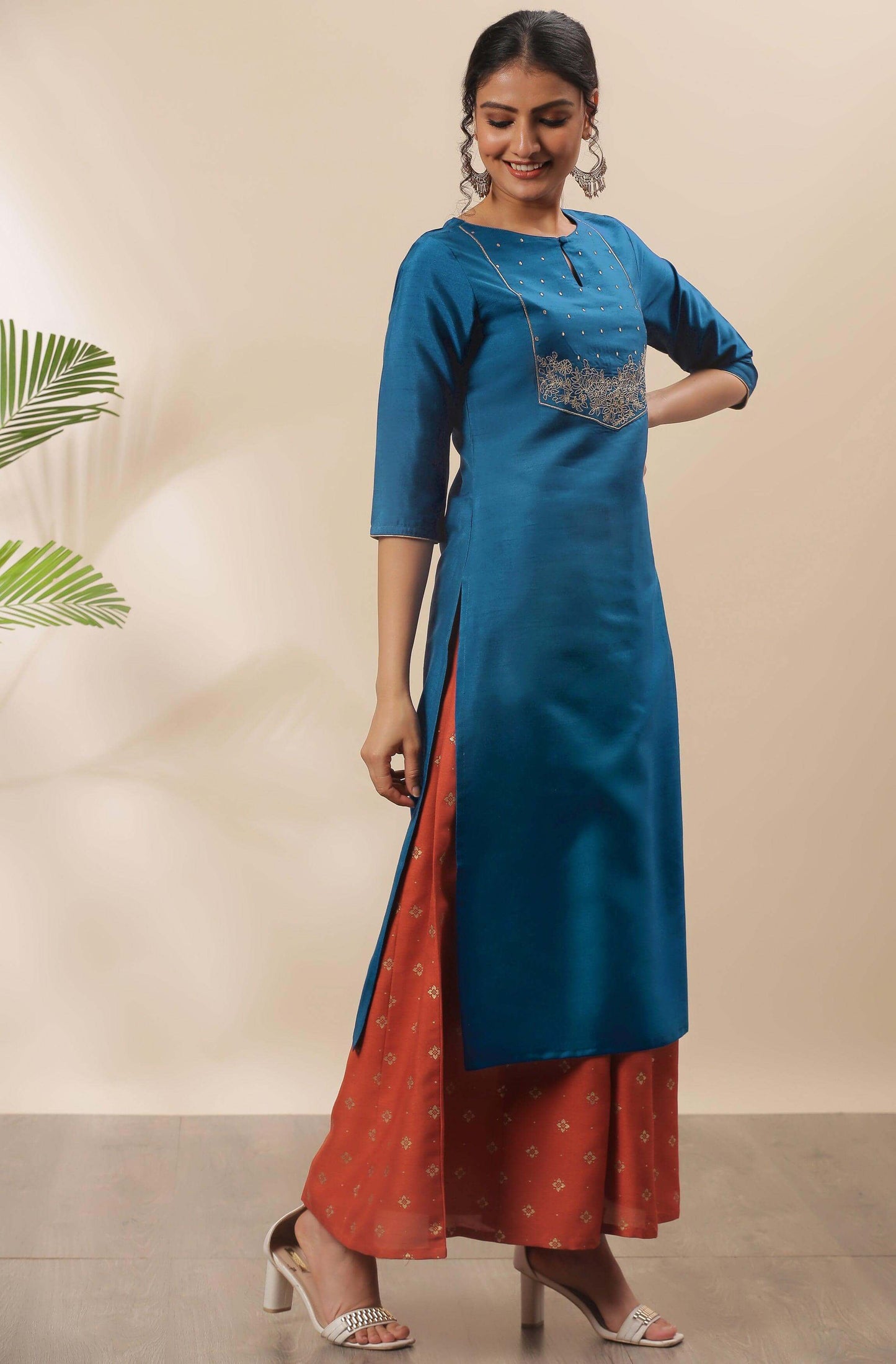 Blue Poly Silk Embroidered Straight Kurta