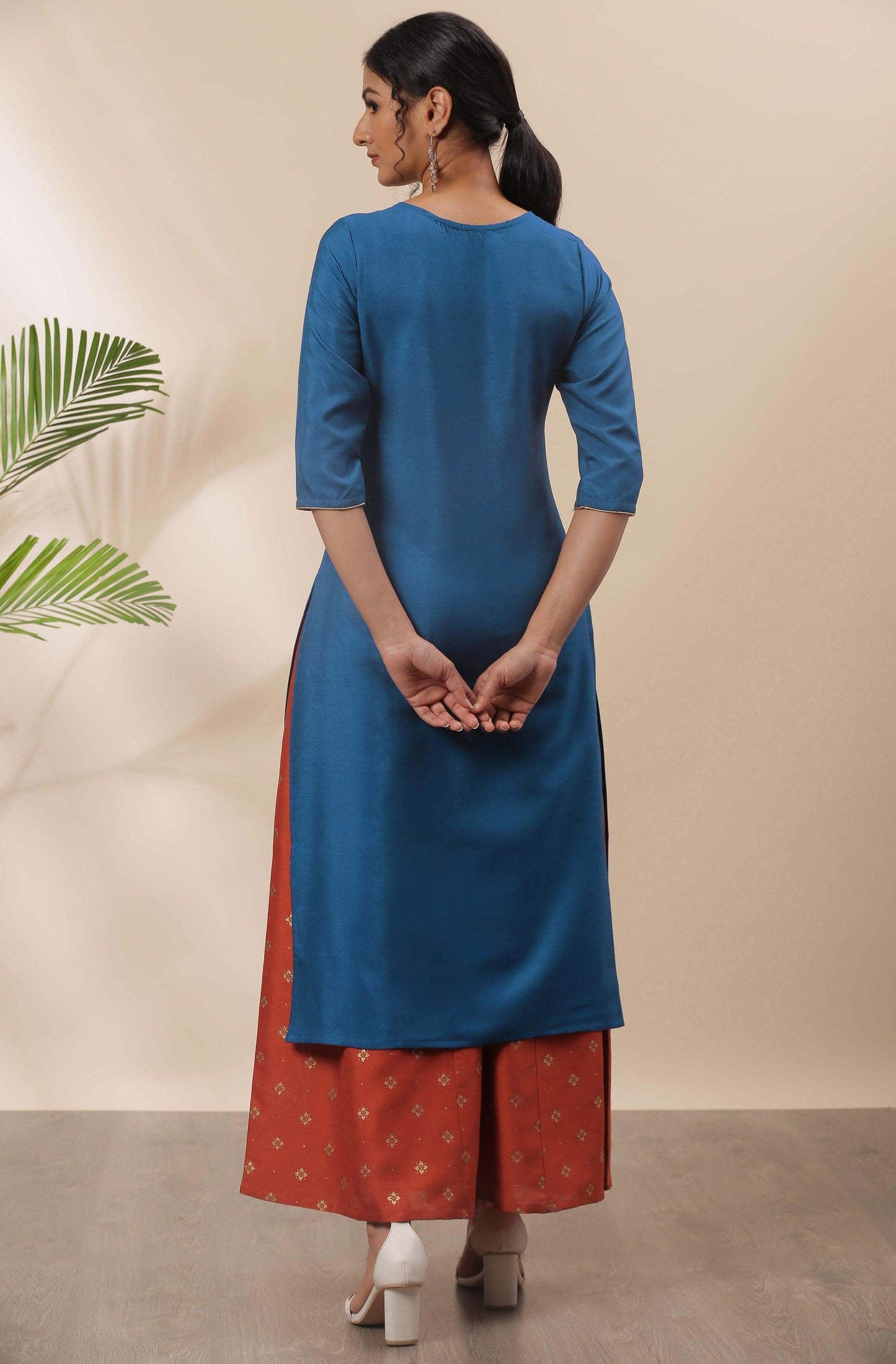 Blue Poly Silk Embroidered Straight Kurta