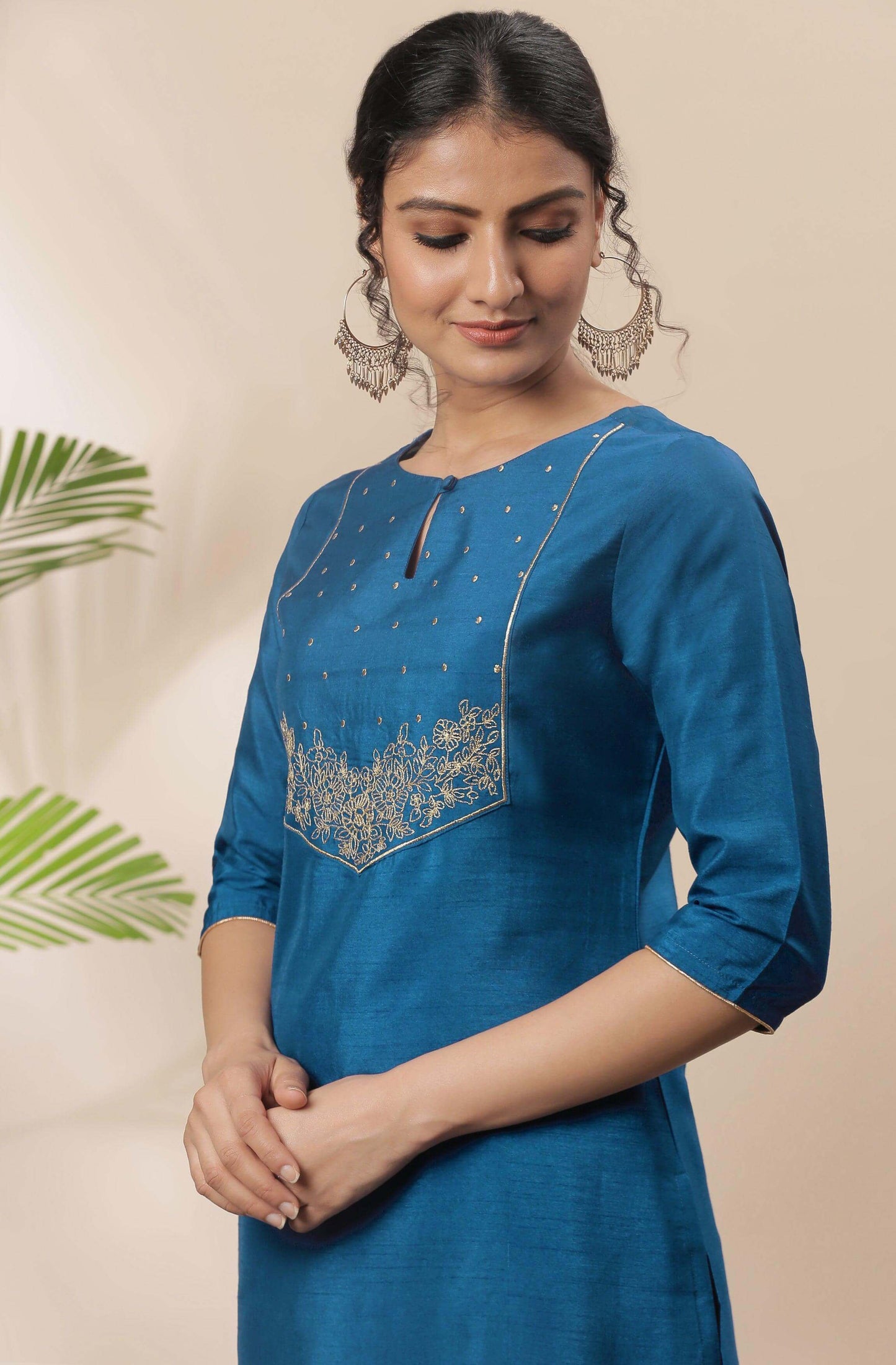 Blue Poly Silk Embroidered Straight Kurta