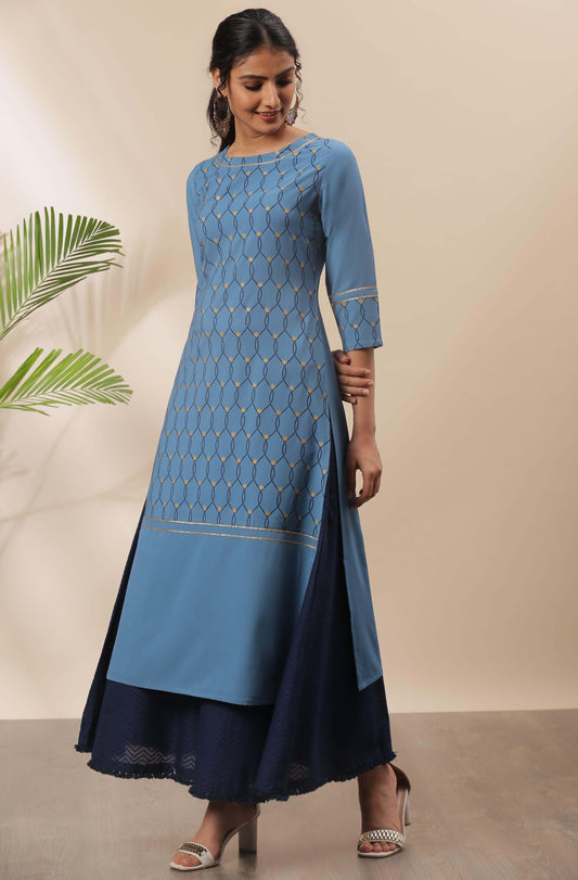 Blue Poly Crepe Ethnic Motifs Straight Kurta