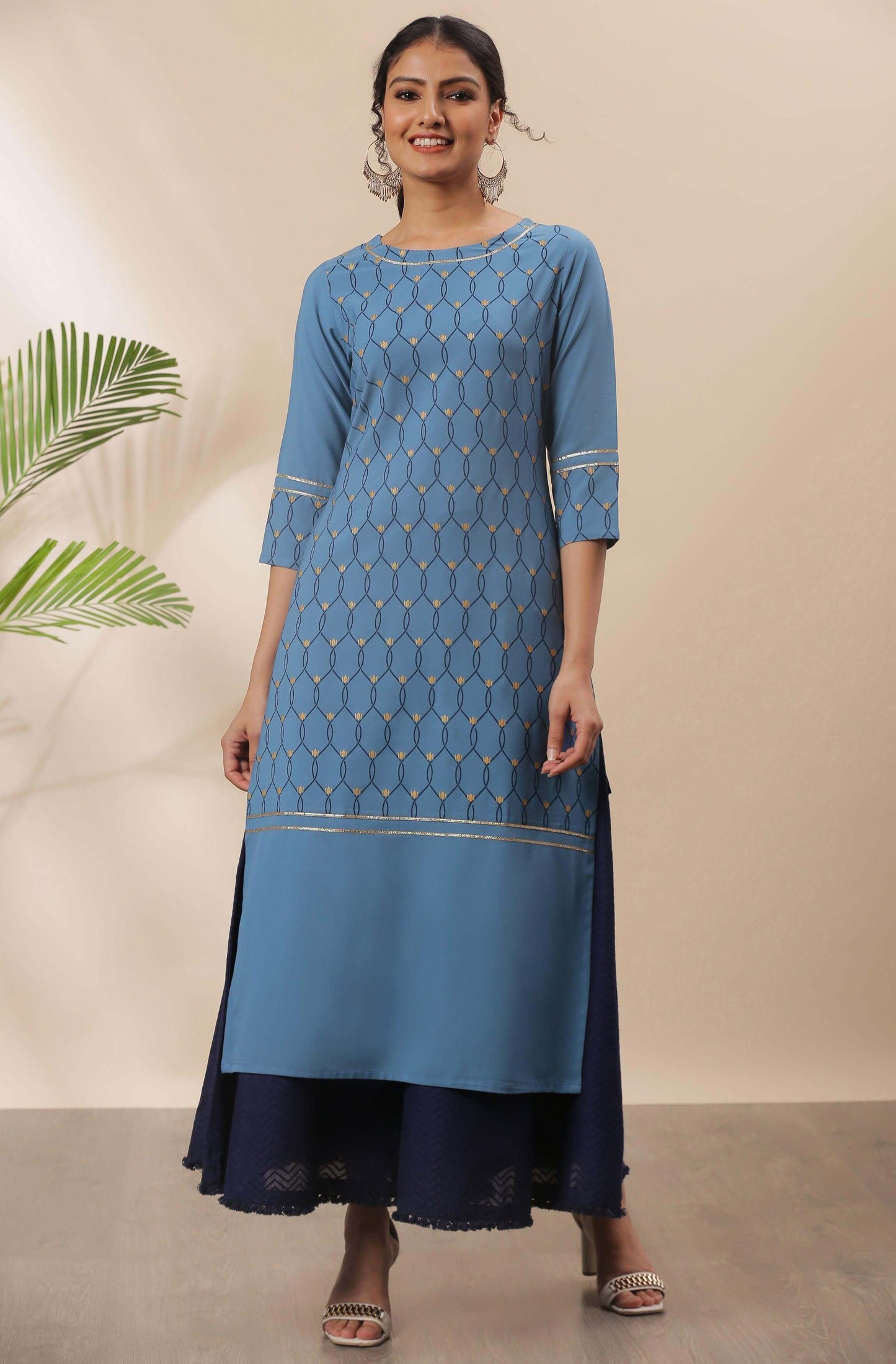 Blue Poly Crepe Ethnic Motifs Straight Kurta