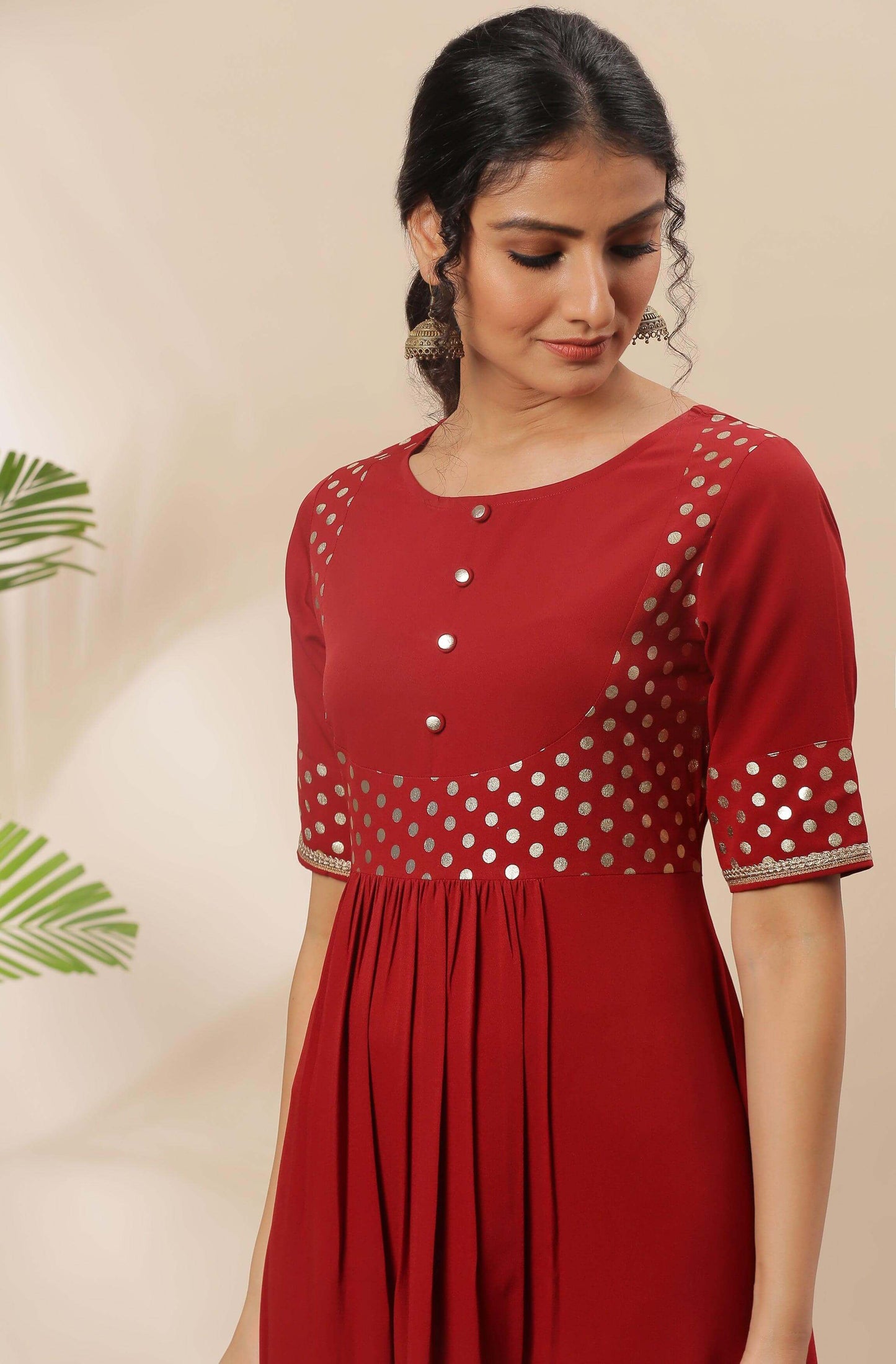 Maroon Poly Crepe Polka Print A-line Kurta