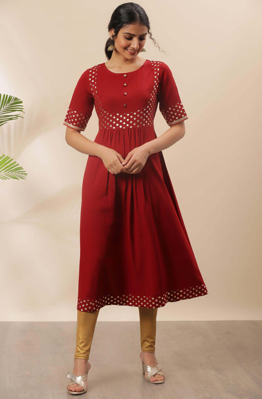 Maroon Poly Crepe Polka Print A-line Kurta