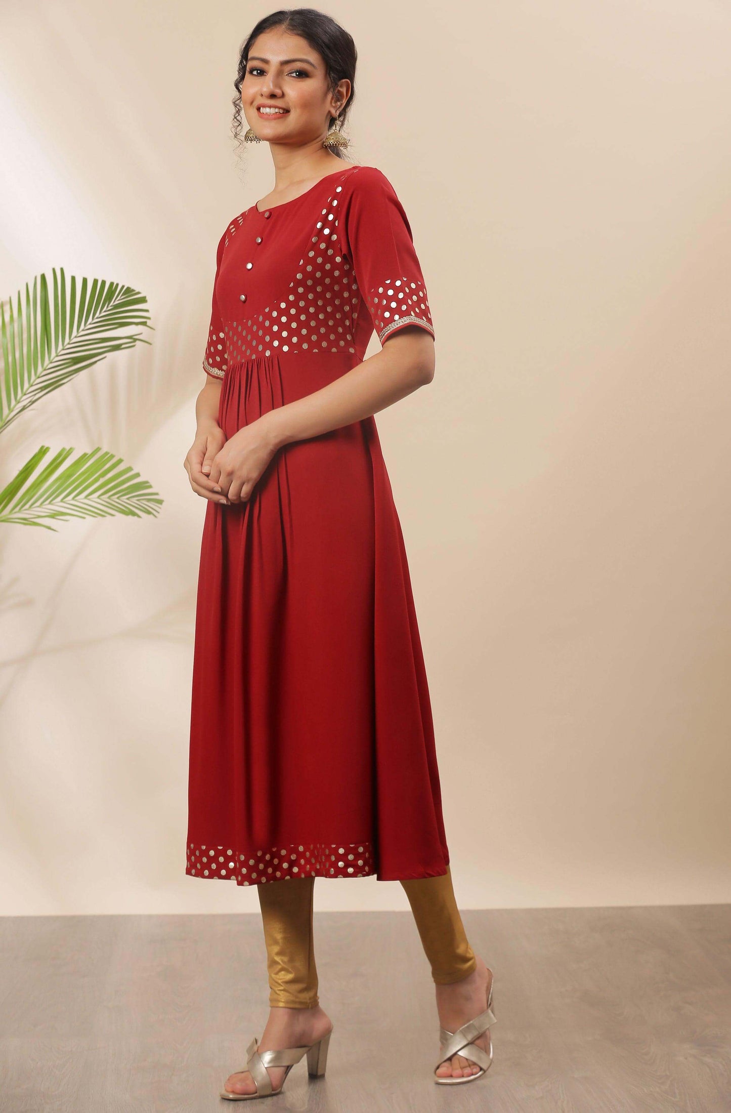 Maroon Poly Crepe Polka Print A-line Kurta