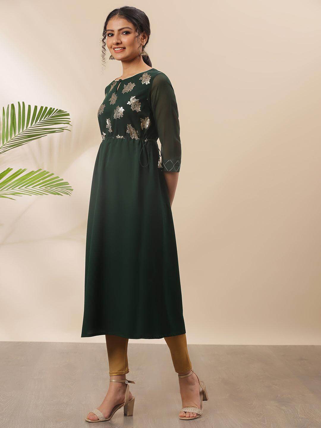 Green Poly Crepe Floral Print Flared Kurta