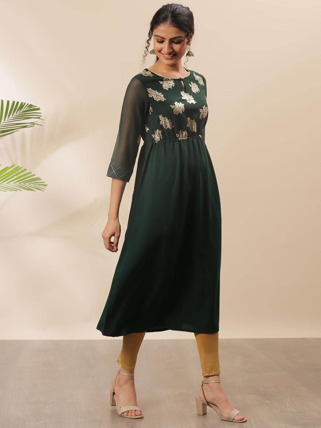 Green Poly Crepe Floral Print Flared Kurta